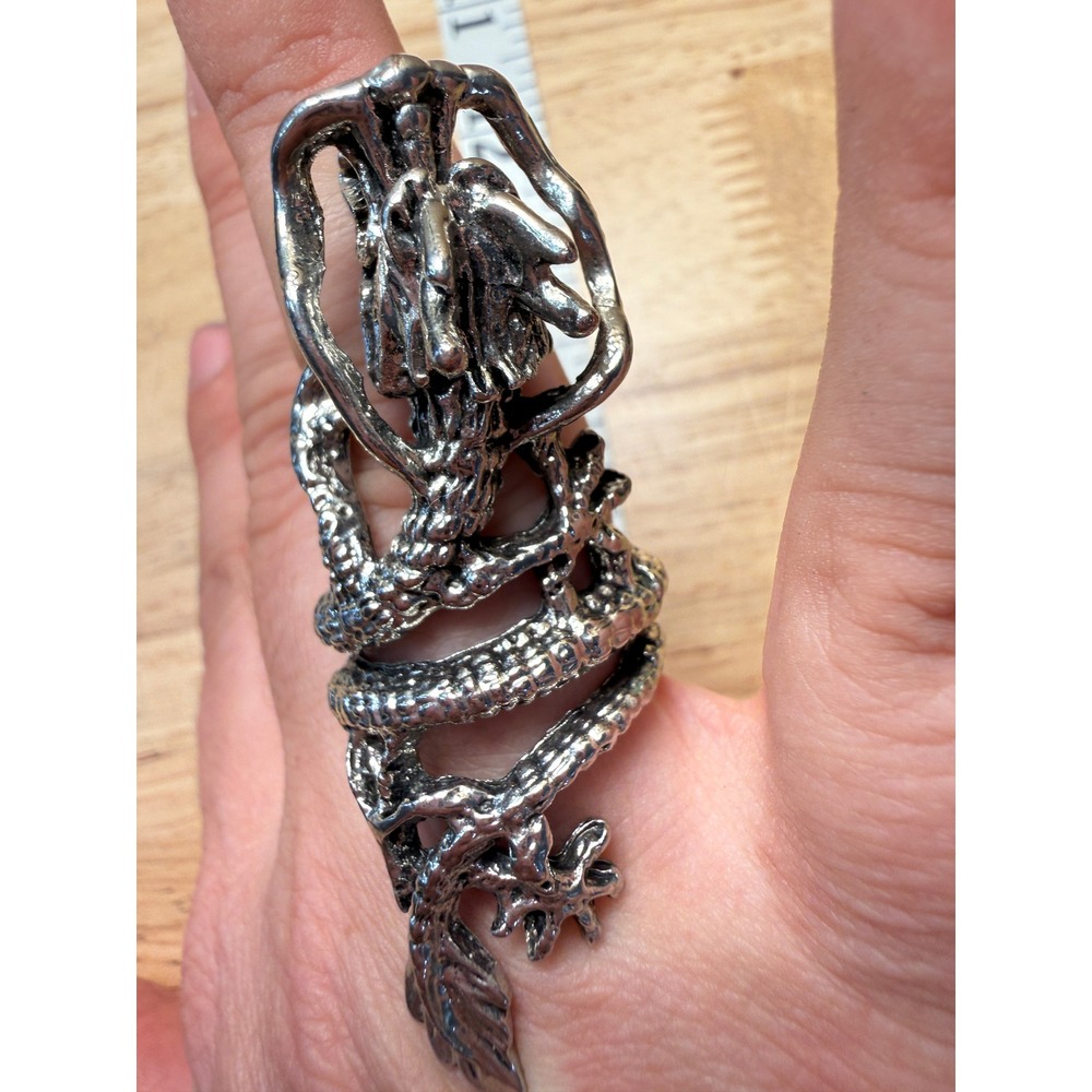 Silver Pewter Tone Metal Dragon Full Finger Armor Ring Gothic Punk Statement Era